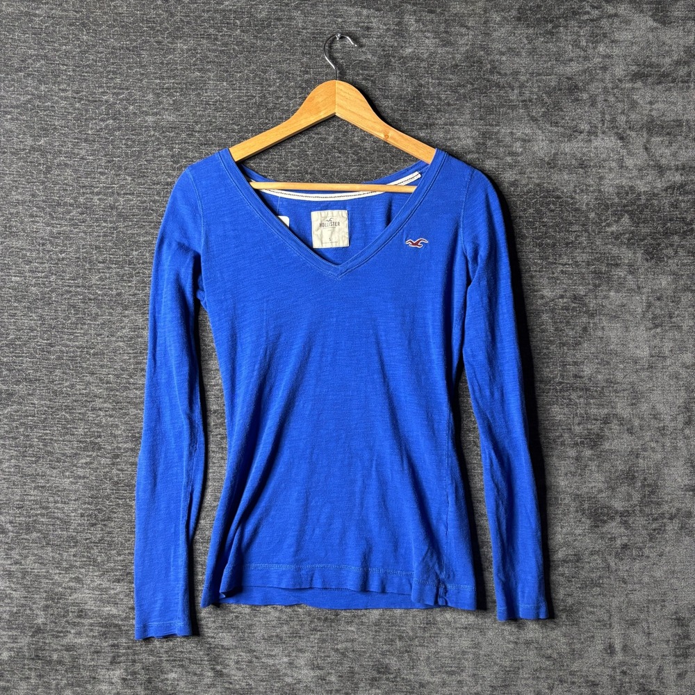 Vintage Y2K Hollister Womens Long Sleeve V-Neck T-Shirt Blue Logo Size S